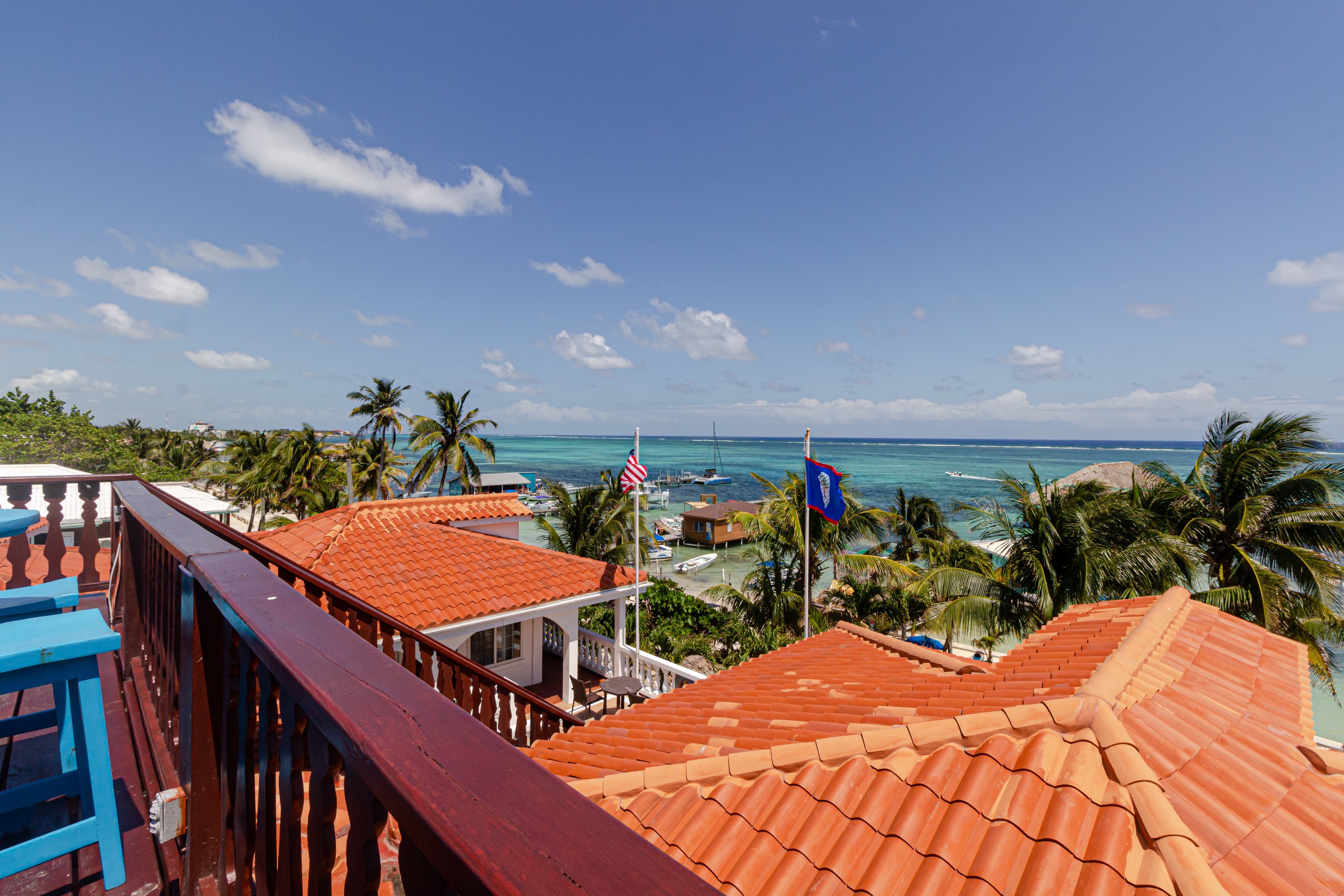 A view from a rooftop terrace overlooking the ocean, palm trees, and nearby rooftops under a sunny sky.
