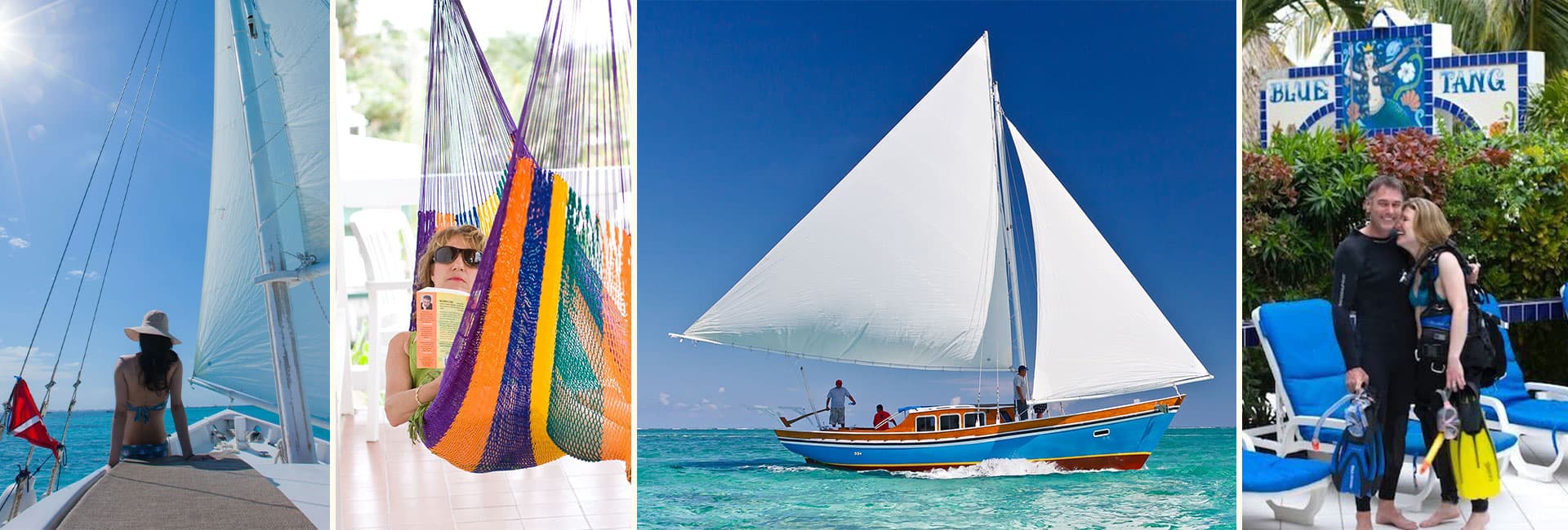 Collage of beach and sailing scenes including a woman on a boat, relaxing in a hammock, a sailing ship, and a couple by a pool.