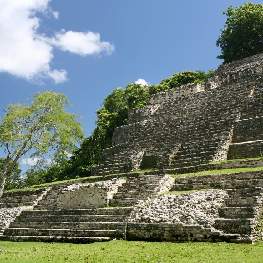 Ancient stone pyramid steps surrounded by lush greenery under a blue sky.