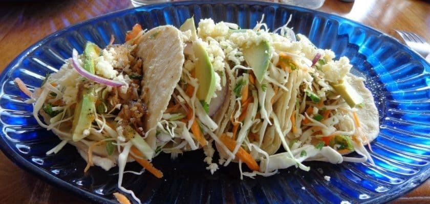 A plate of three chicken tacos topped with shredded cabbage, carrots, and sliced avocado.