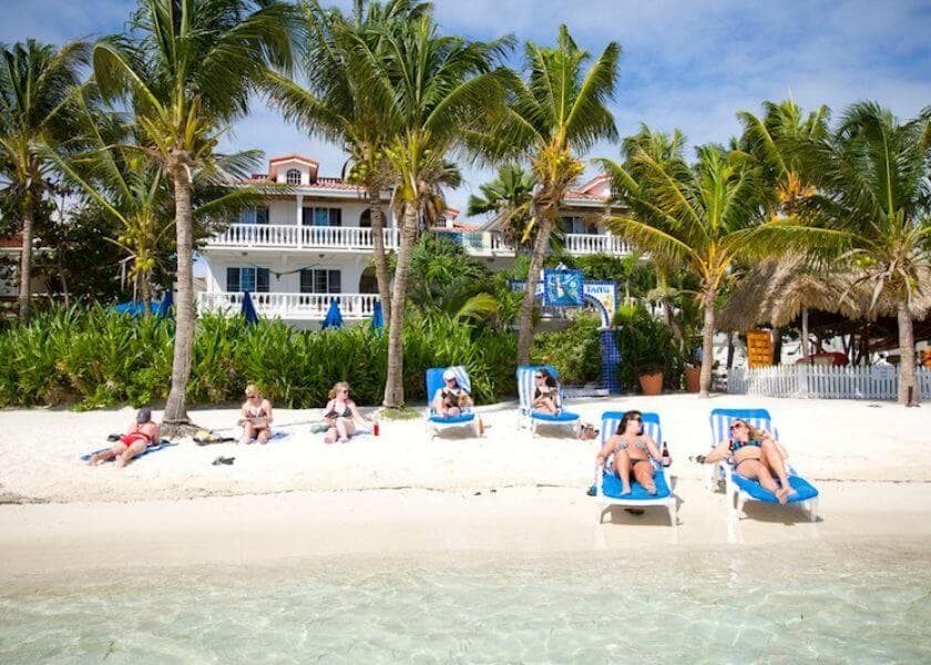 A sunny beach scene with people relaxing on lounge chairs under palm trees near a waterfront property. A sunny beach scene with people relaxing on lounge chairs under palm trees near a waterfront property.