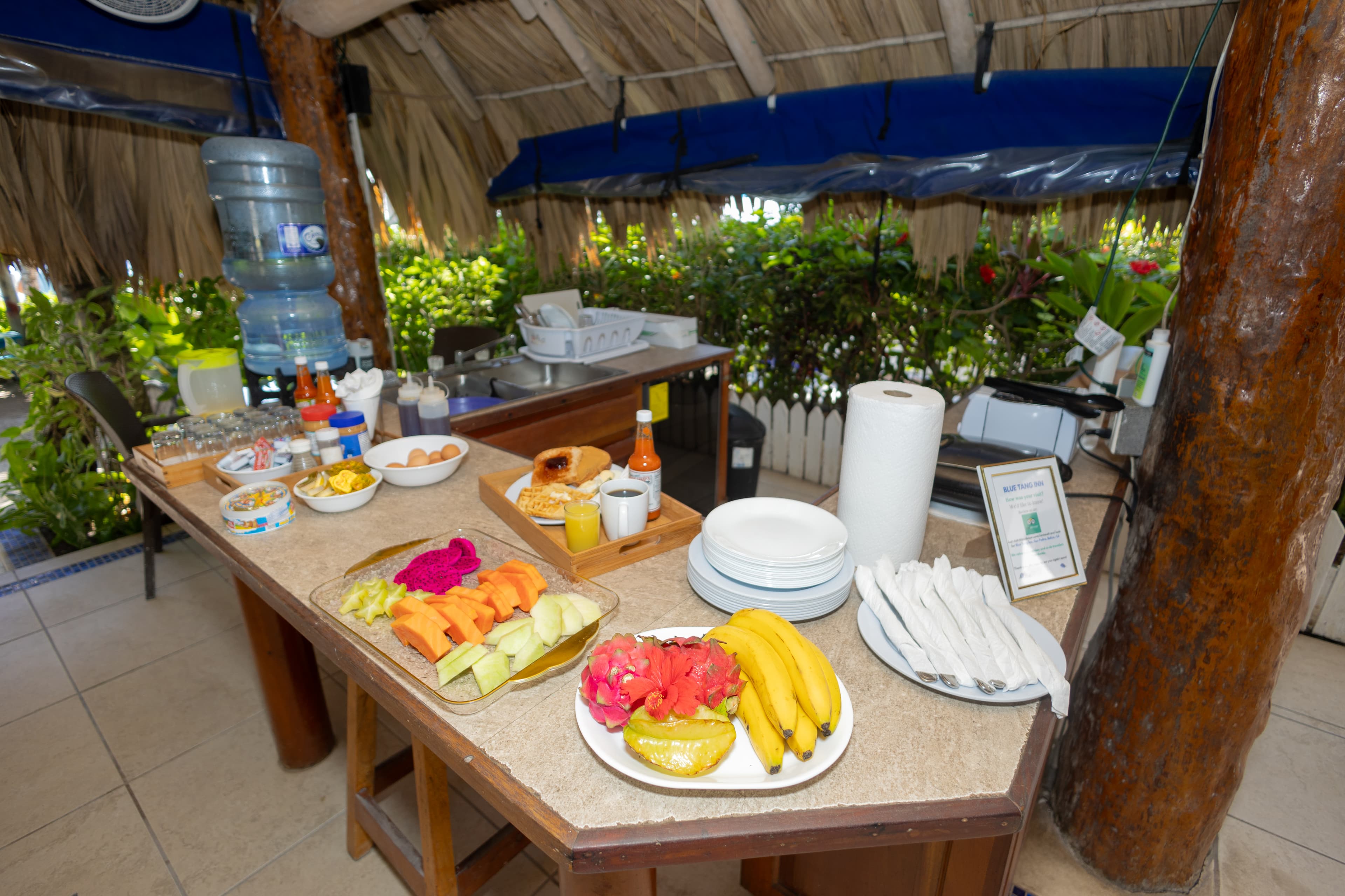 A tropical breakfast spread featuring assorted fruits, eggs, pastries, and beverages on a wooden table.
