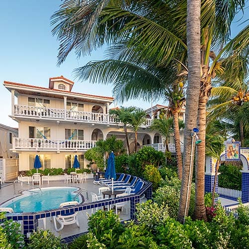 A tropical hotel with a pool surrounded by lush greenery and palm trees.