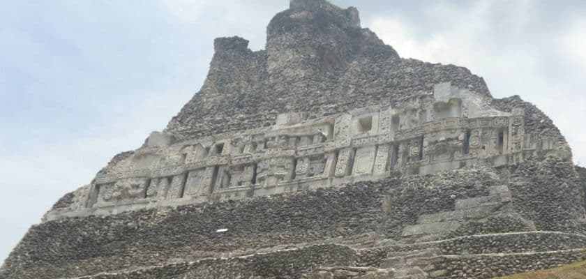 Stone steps and carvings at the Xunantunich Mayan ruins in Belize.
