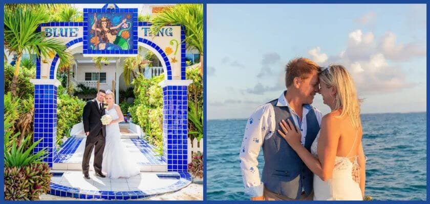 bride and groom embracing beneath blue tang inn arch and bride and groom embracing in front of caribbean waves