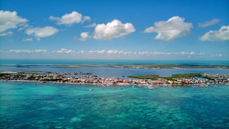 An aerial view of Ambergris Caye, where you'll find our top-rated Belize Resort for Adults